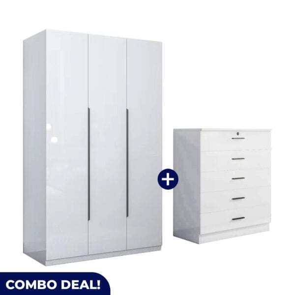 White 3 Door Wardrobe and 5 Drawer Set