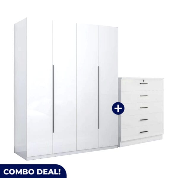 White 4 Door Wardrobe and 5 Drawer Set