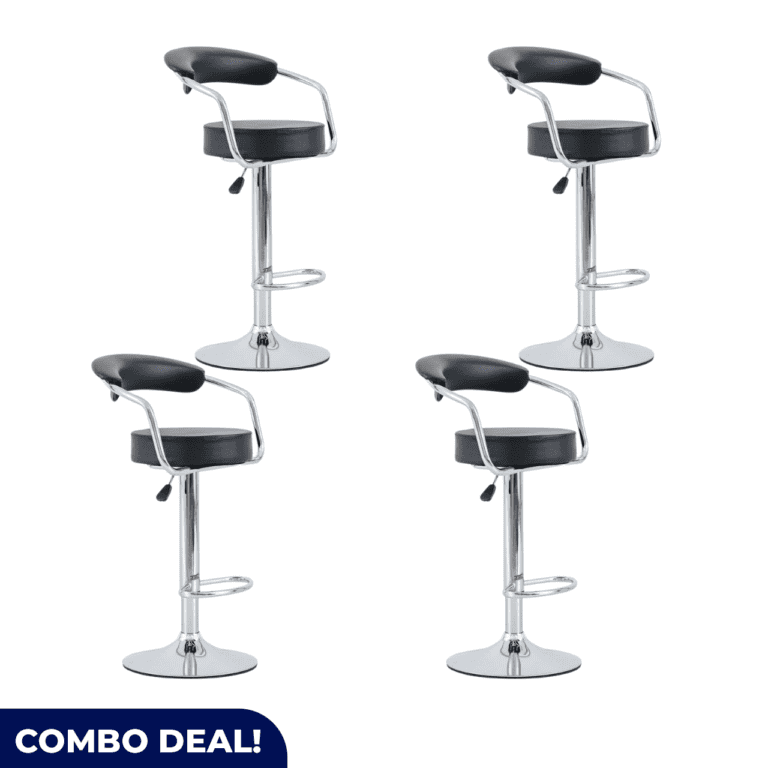 Set of 4 Black Round Bar Stools with adjustable height and chrome metal legs, perfect for home and commercial spaces.